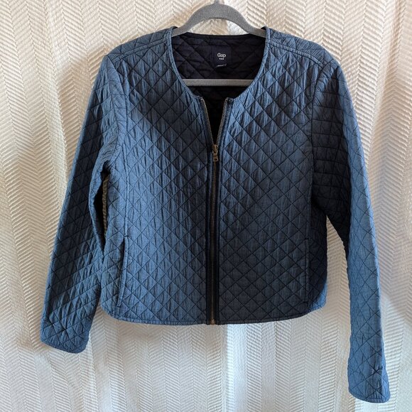 Gap Vintage Quilted Chambray Navy Blue Zip up Jacket Cotton Size Large - Picture 1 of 11